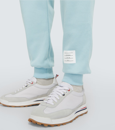 Thom Browne Mens Light Blue Branded Four-stripe Cotton Jogging Bottoms In Blue