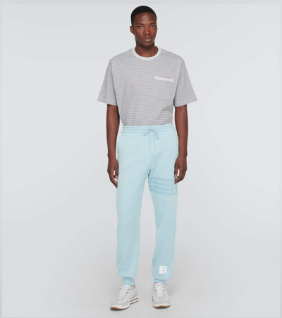 Thom Browne Mens Light Blue Branded Four-stripe Cotton Jogging Bottoms In Blue