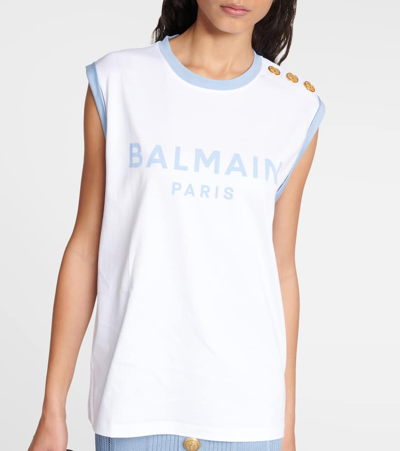 Balmain Tank Top With Shoulder Buttons And Contrast Trim In White