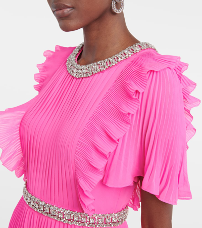 Shop Self-portrait Embellished Plissé Chiffon Maxi Dress In Pink