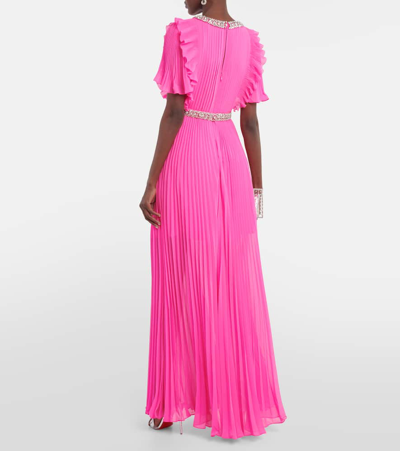 Shop Self-portrait Embellished Plissé Chiffon Maxi Dress In Pink