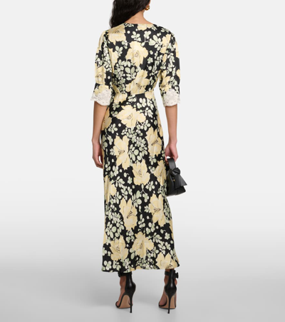 Shop Rixo London Simone Floral Satin Midi Dress In Yellow