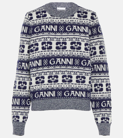 Shop Ganni Logo Wool-blend Sweater In Blue