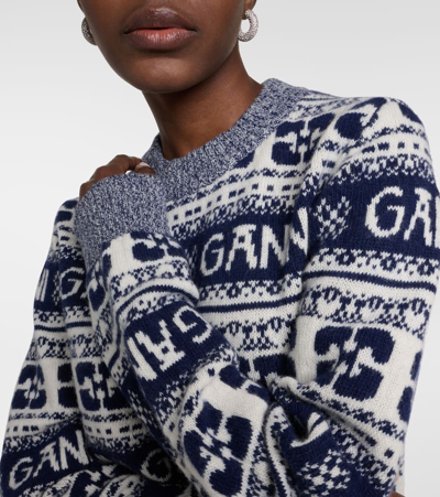 Shop Ganni Logo Wool-blend Sweater In Blue