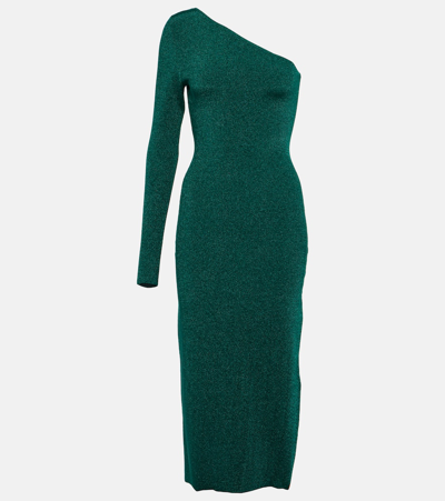 Shop Victoria Beckham One-shoulder Knitted Midi Dress In Green