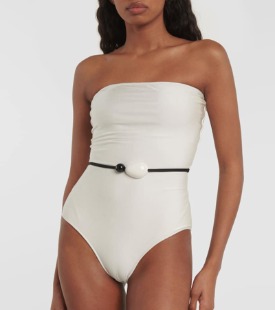 Shop Adriana Degreas Deco Strapless Embellished Swimsuit In White