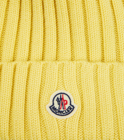 Shop Moncler Logo Virgin Wool Beanie In Yellow