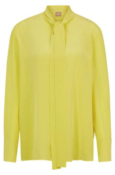 Shop Hugo Boss Relaxed-fit Blouse In Washed Silk With Tie Collar In Yellow