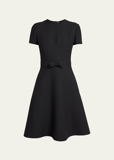 Shop Valentino Tonal Bow Waist Crepe Couture Flare Wool Dress In Black