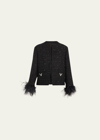 Shop Valentino Lurex Tweed Feather Cuff Boxy Blazer In Black Multi