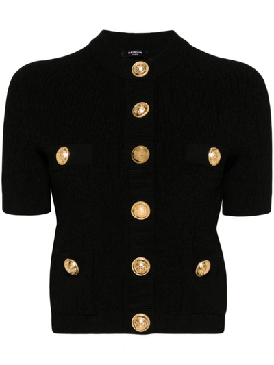 Shop Balmain Embossed Buttons Knitted Cardigan In Black