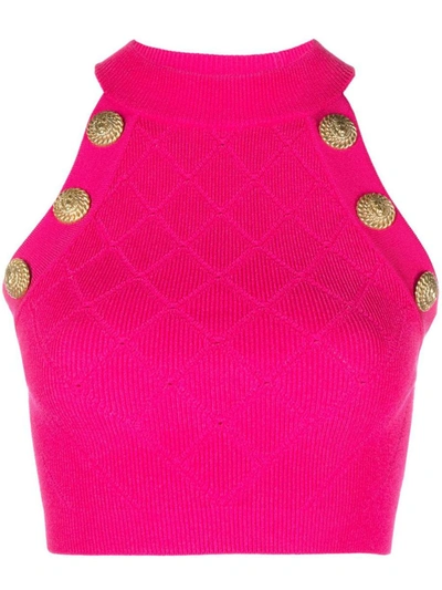 Shop Balmain Knitted Cropped Top In Fuchsia