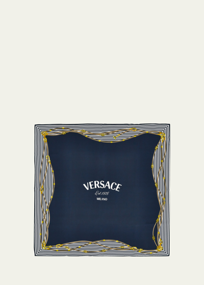 Shop Versace Logo Silk Twill Square Scarf In 5u170 Blue Gold