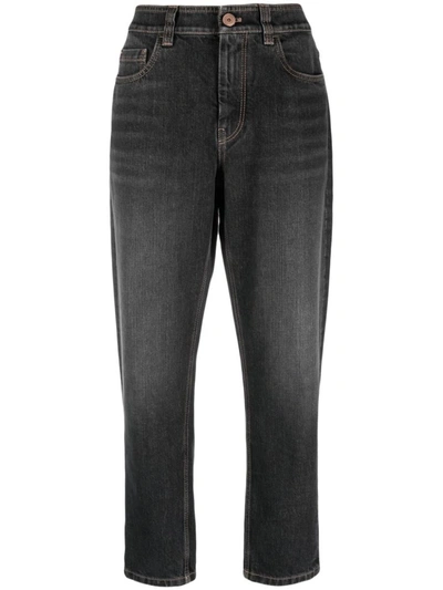 Shop Brunello Cucinelli Baggy Denim Jeans With Shiny Tab In Grey