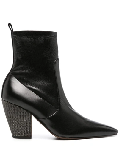 Shop Brunello Cucinelli Leather Ankle Boots With Precious Heels In Black