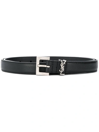 Shop Saint Laurent Cassandre Leather Belt In Black