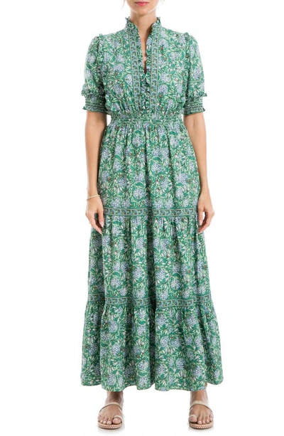 Shop Max Studio Floral Short Sleeve Tiered Maxi Dress In Green Pinecone