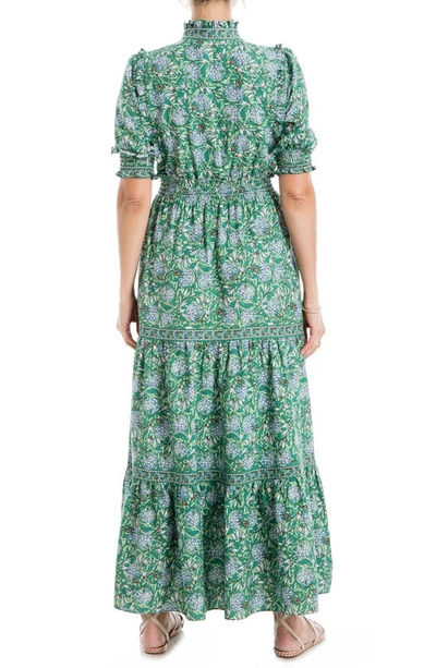 Shop Max Studio Floral Short Sleeve Tiered Maxi Dress In Green Pinecone
