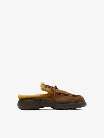 Shop Burberry Suede And Shearling Stony Mules In Wood