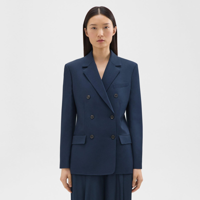 Shop Theory Double-breasted Blazer In Viscose Twill In Nocturne Navy