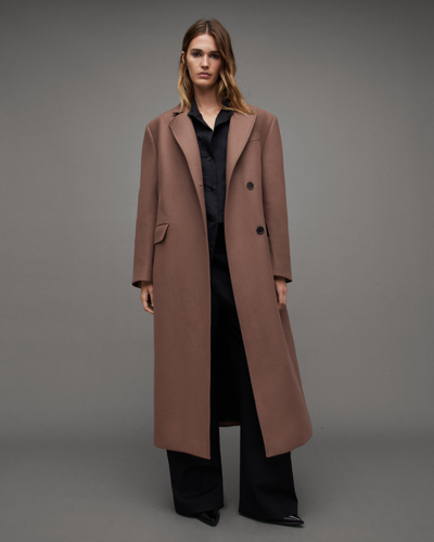Shop Allsaints James Wool Blend Maxi Length Coat In Brown