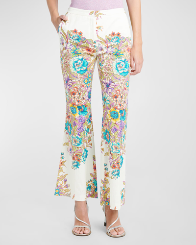 Shop Etro Mid-rise Engineer Bouquet Floral-print Flared Ankle Cotton Pants In Print On White Ba