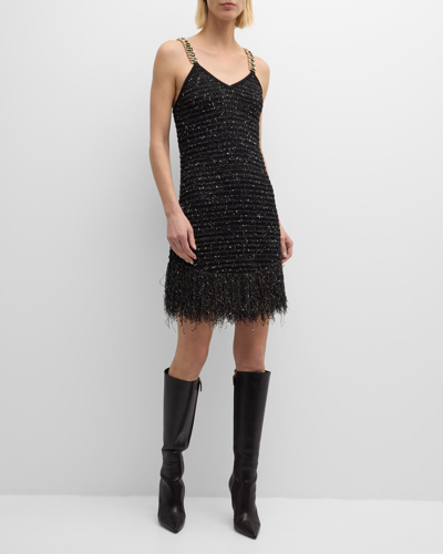 Shop Balmain Fringed Hem Tweed Mini Dress With Chain Straps In Blackgold