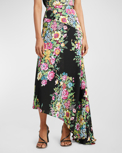Shop Etro Bouquet Floral-print Asymmetric Godet Midi Skirt In Print On Black Ba