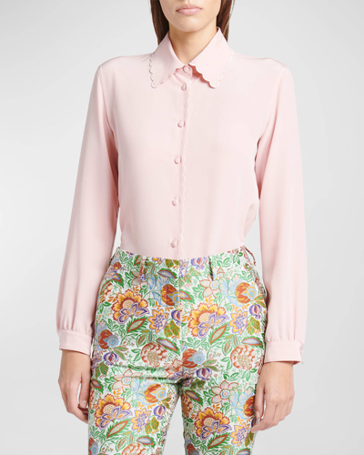 Shop Etro Scalloped Collar Long-sleeve Silk Crepe De Chine Blouse In Ultrapink
