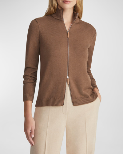 Shop Lafayette 148 Cotton/silk Tape Fitted Bomber Sweater In Deep Acorn
