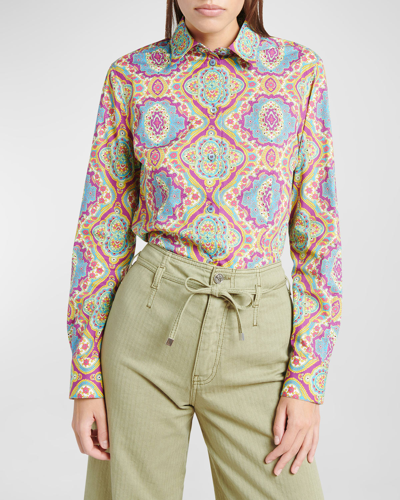 Shop Etro Medallion-print Long-sleeved Cotton Collared Shirt In Print On Pale Blu