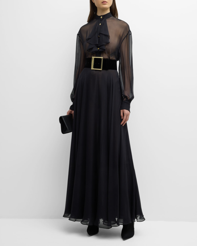 Shop Sergio Hudson Sheer Belted Maxi Dress With Ruffle Top In Black