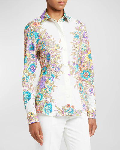 Shop Etro Bouquet Floral-print Long-sleeve Slim-fit Cotton Shirt In Print On White Ba