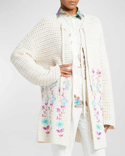 Shop Etro Vine-embroidered Tie Open-knit Cardigan In Cotton