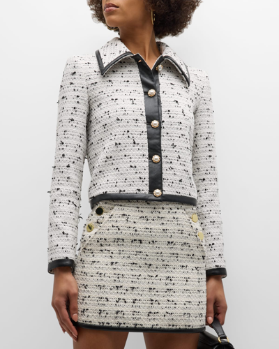 Shop Alice And Olivia Renae Cropped Tweed Jacket With Vegan Leather Binding In Off Whiteblack