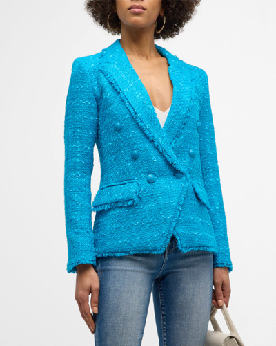 Shop L Agence Kenzie Fringe-trim Tweed Blazer In Caribbean Blue