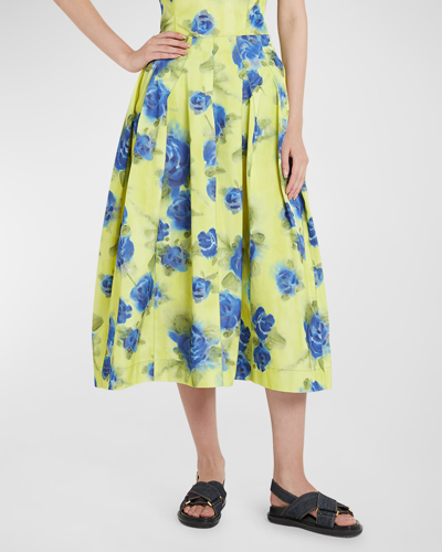 Shop Marni Pleated Floral-print Flare Midi Skirt In Lemonyell