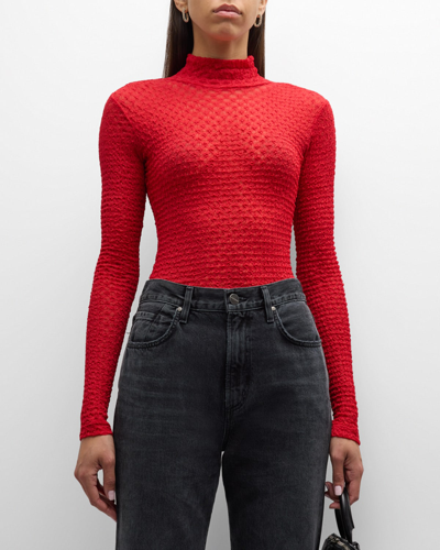 Shop Frame Stretch Mesh Lace Turtleneck In Cherry Red