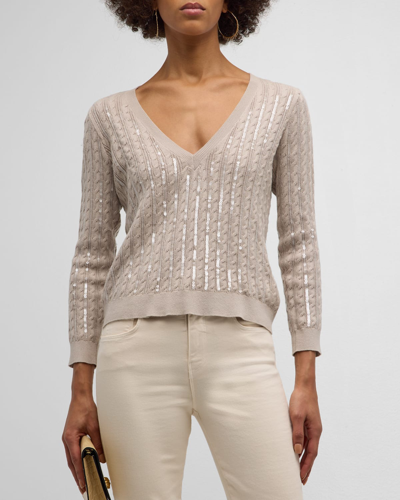 Shop L Agence Trinity Sequin Cable-knit Sweater In Pale Neutral
