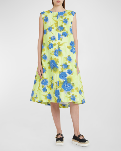 Shop Marni Flared Floral-print Dress With Wide Cape Back In Lemonyell