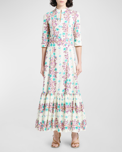 Shop Etro Bouquet Floral-print 3/4-sleeve Cotton Maxi Dress In Print On White Ba