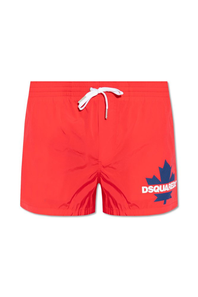 Shop Dsquared2 Logo Printed Drawstring Swimming Shorts In Red