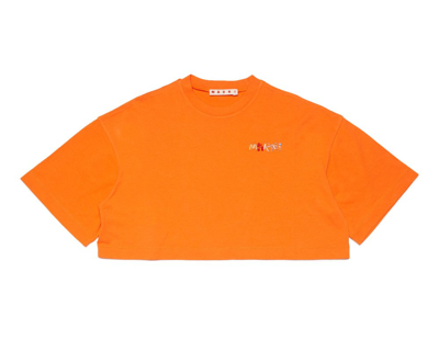 Shop Marni Kids Logo Embellished Crewneck Cropped T In Orange
