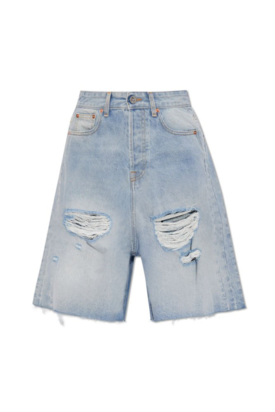 Shop Vetements Distressed Denim Shorts In Blue