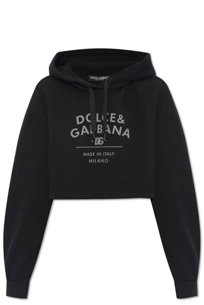 Shop Dolce & Gabbana Logo Printed Cropped Hoodie In Black