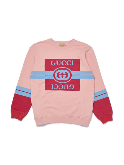 Shop Gucci Kids Logo Printed Crewneck Sweatshirt In Pink