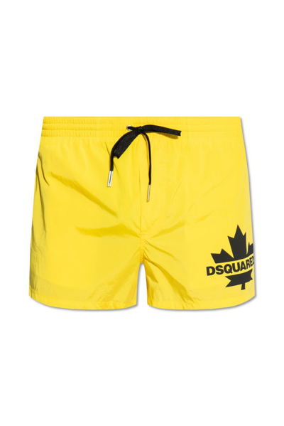 Shop Dsquared2 Logo Printed Drawstring Swimming Shorts In Yellow