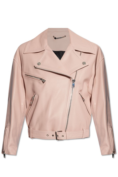 Shop Versace Leather Biker Jacket In Pink