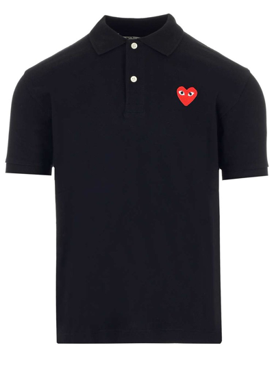 Shop Comme Des Garçons Play Heart Embroidered Polo Shirt In Black