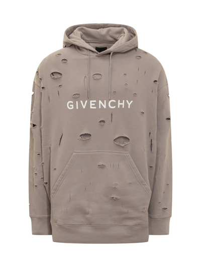 Shop Givenchy Distressed Drawstring Hoodie In Beige